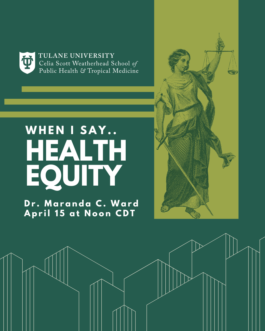 Flyer showing a antique character carrying a sword and a scale with Title When I say ... Health Equity Dr Maranda Ward